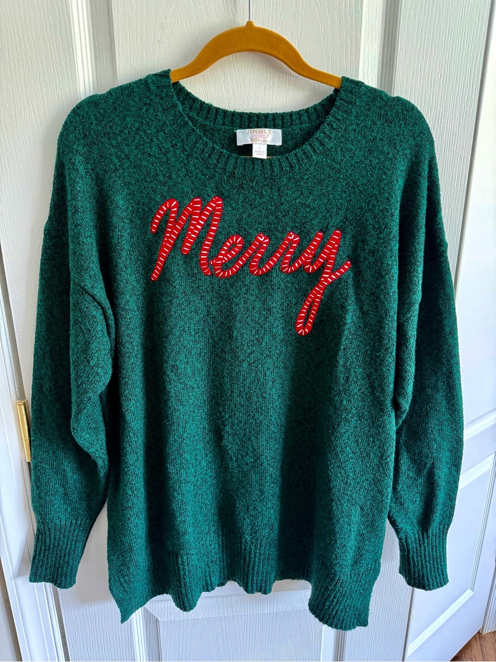 Kim Gravel Jingle Belles Green 'Merry' Embroidered Holiday Sweater, Size L